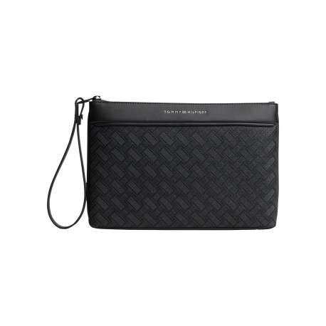 Sacoche noire à monogramme texturé en damier tissé pourvue d'une dragonne