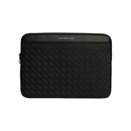 Pochette pour ordinateur noire à motif damier ornée d'une inscription logotée