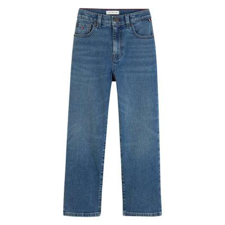 Jean en coton bleu foncé délavé pourvu d'une coupe large avec 5 poches