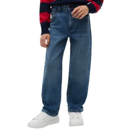 Jean en coton bleu foncé délavé pourvu d'une coupe large avec 5 poches - Image 3