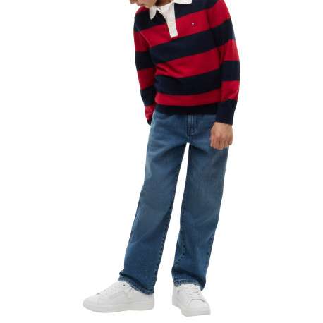 Jean en coton bleu foncé délavé pourvu d'une coupe large avec 5 poches - Image 5