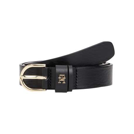 Ceinture en cuir noir agrémentée d'une boucle métallique dorée et du logo