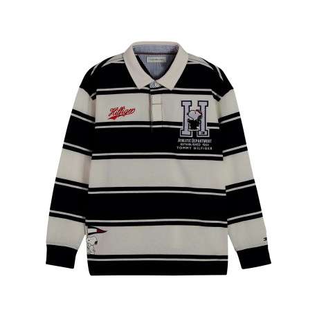 Polo vintage en coton blanc et bleu marine à larges rayures orné de Snoopy