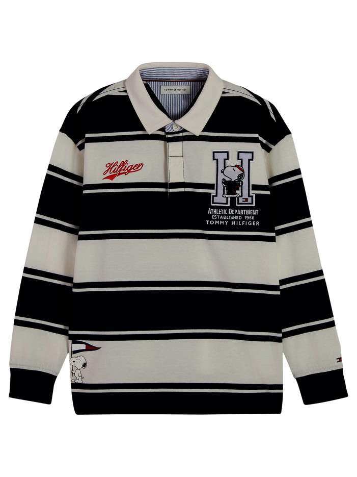 Polo vintage en coton blanc et bleu marine à larges rayures orné de Snoopy