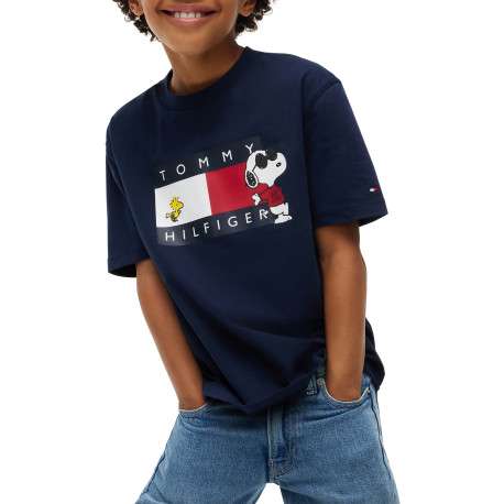 T-shirt bleu marine en coton orné du logo imprimé sur la poitrine avec Snoopy - Image 3