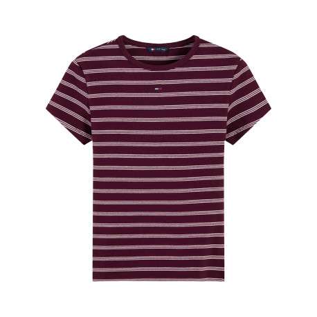 T-shirt en coton bordeaux à rayures pourvu d'un col rond uni