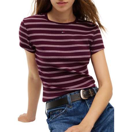 T-shirt en coton bordeaux à rayures pourvu d'un col rond uni - Image 4