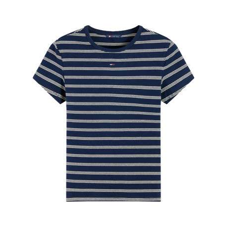 T-shirt en coton biologique marine à rayures pourvu d'un col rond
