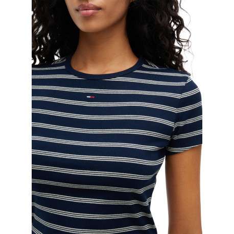 T-shirt en coton biologique marine à rayures pourvu d'un col rond - Image 4