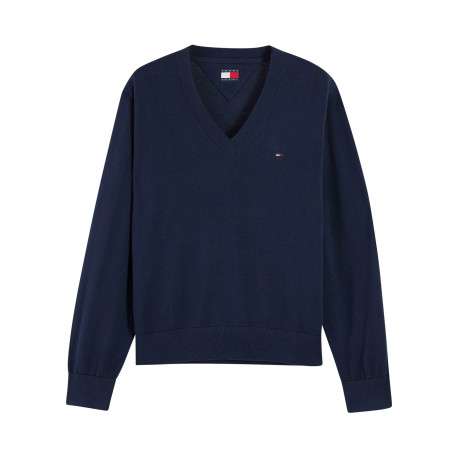 Pull en coton biologique marine à coupe droite pourvu d'un col v