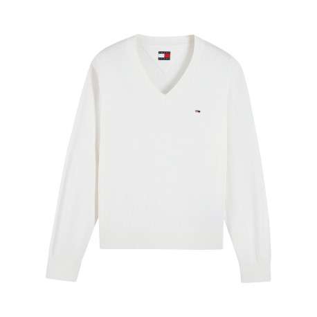 Pull en coton biologique blanc à coupe droite pourvu d'un col v