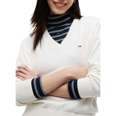 Pull en coton biologique blanc à coupe droite pourvu d'un col v - Image 4