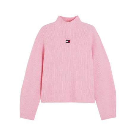 Pull rose à coupe droite pourvu d'un col roulé et de manches longues