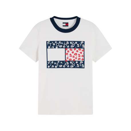 T-shirt en coton biologique blanc et marine à coupe droite et manches courtes