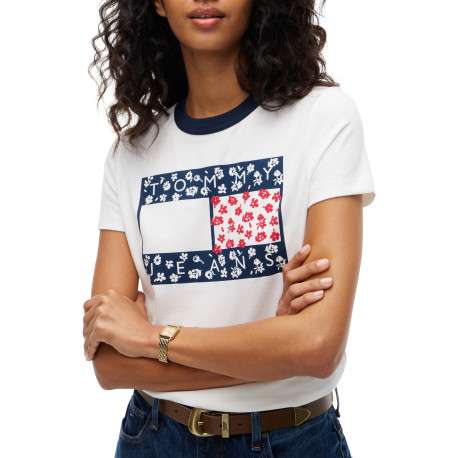 T-shirt en coton biologique blanc et marine à coupe droite et manches courtes - Image 2