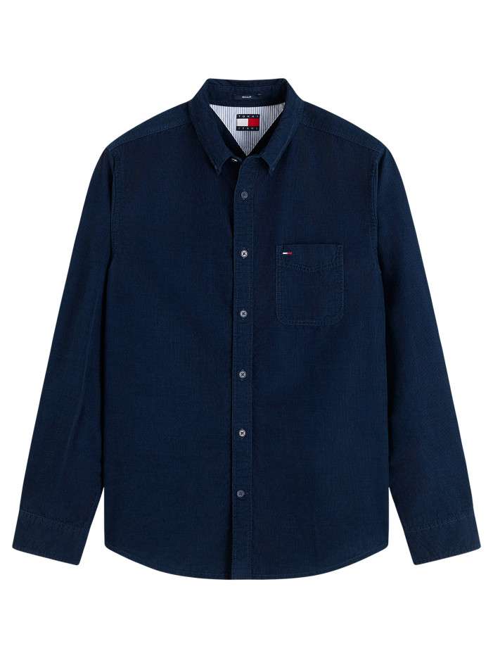 Chemise en coton biologique marine à coupe droite pourvue d'un col à revers