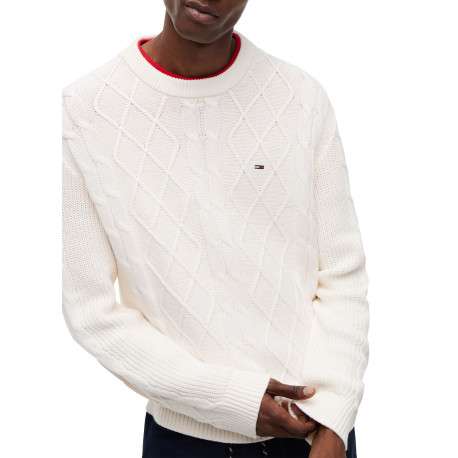 Pull en coton blanc à coupe droite pourvu d'un col rond côtelé - Image 4