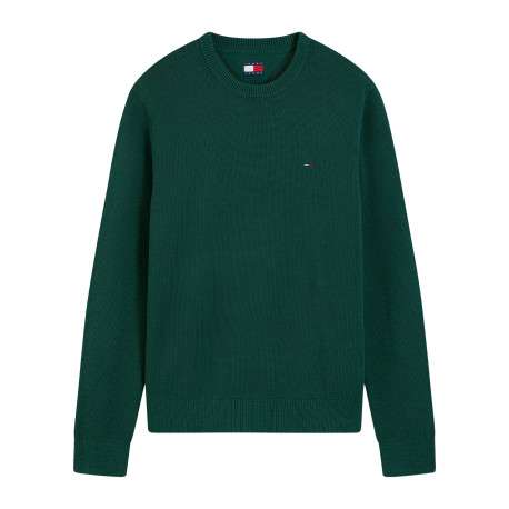 Pull en coton biologique vert à coupe droite pourvu d'un col rond côtelé