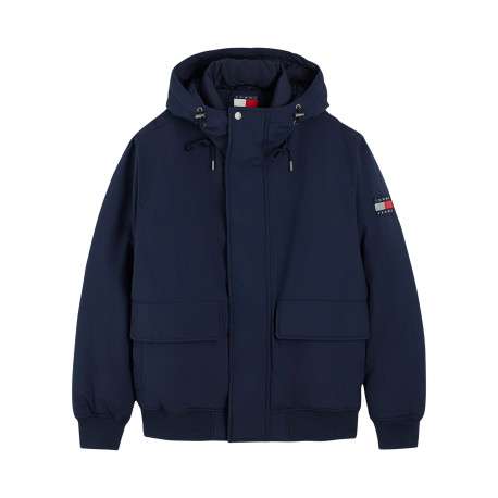 Blouson marine à coupe droite pourvu d'un col montant à capuche