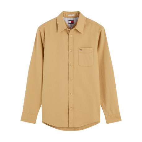 Chemise en coton biologique beige à coupe droite pourvue d'un col à revers