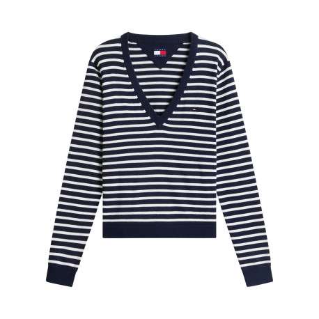 Pull à rayures en coton biologique marine et blanc à coupe droite