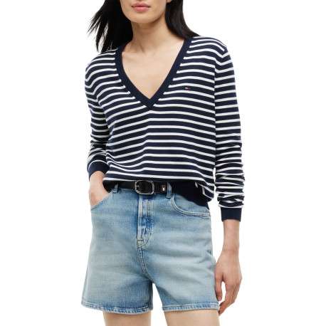 Pull à rayures en coton biologique marine et blanc à coupe droite - Image 2