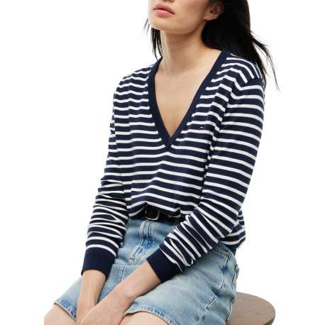 Pull à rayures en coton biologique marine et blanc à coupe droite - Image 4