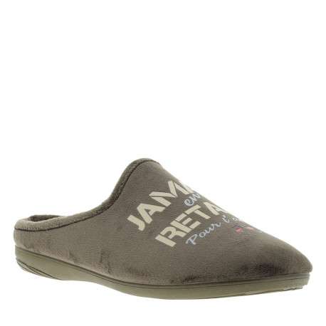 Mules kaki à talon plat avec des écritures imprimées sur l'empeigne