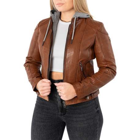 Veste perfecto chocolat uni en cuir de mouton avec une coupe droite - Image 2