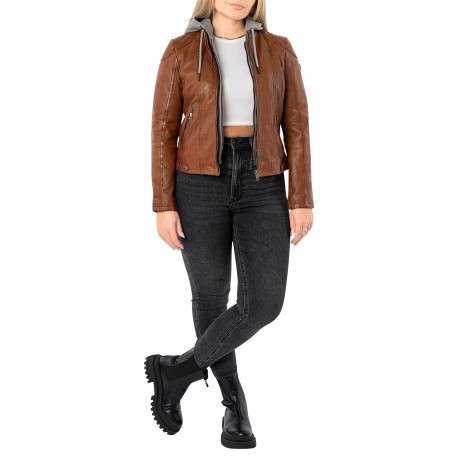 Veste perfecto chocolat uni en cuir de mouton avec une coupe droite - Image 4