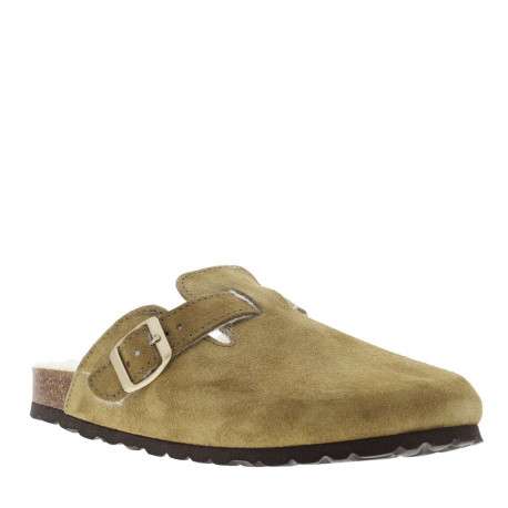 Mules en cuir kaki à talon plat avec une doublure en fourrure synthétique
