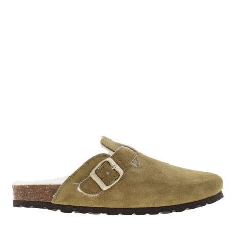 Mules en cuir kaki à talon plat avec une doublure en fourrure synthétique - Image 2