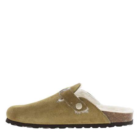 Mules en cuir kaki à talon plat avec une doublure en fourrure synthétique - Image 4