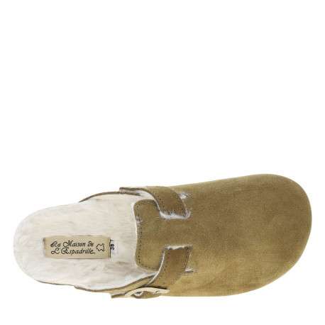 Mules en cuir kaki à talon plat avec une doublure en fourrure synthétique - Image 5