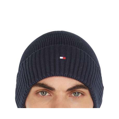 Bonnet en coton marine uni et côtelé avec un col à revers et un logo brodé