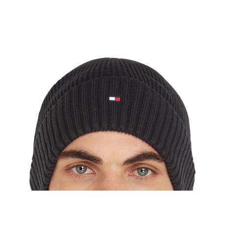 Bonnet en coton noir uni et côtelé avec un col à revers et un logo brodé