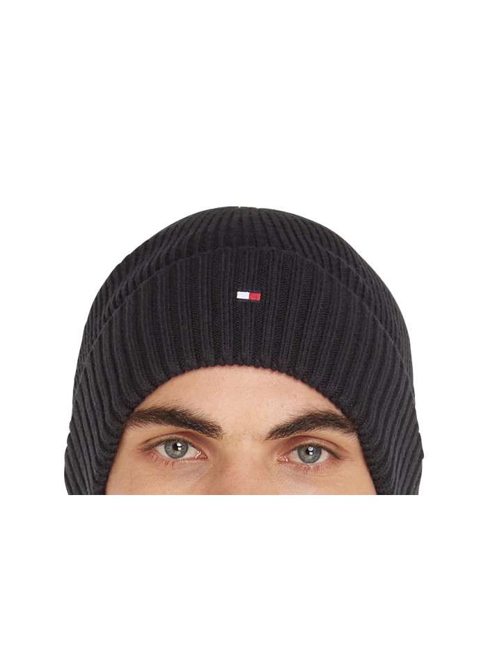 Bonnet en coton noir uni et côtelé avec un col à revers et un logo brodé