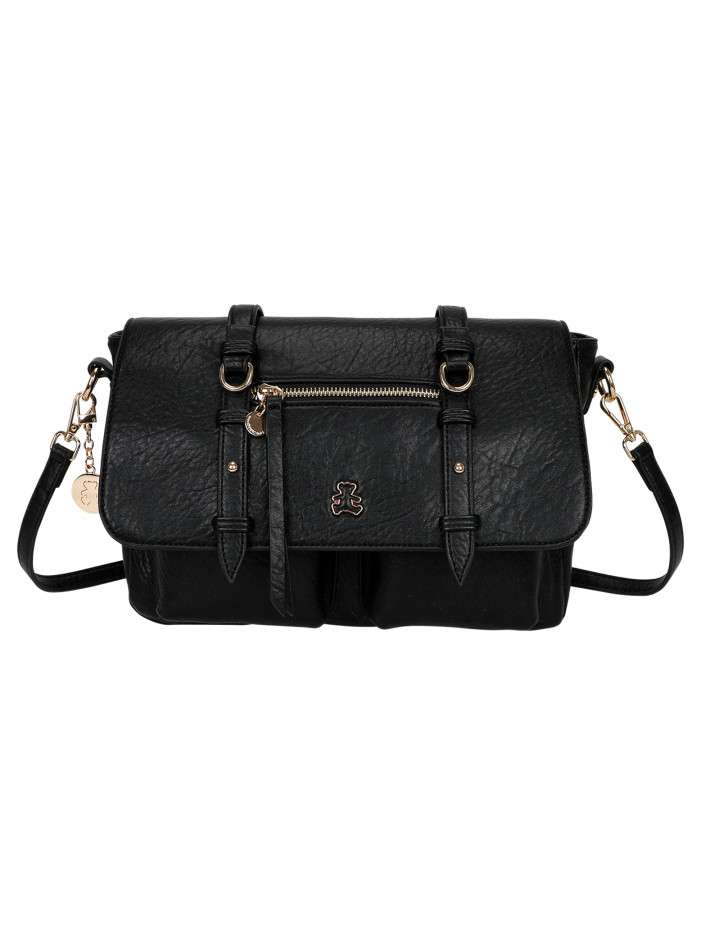 Sac noir à bandoulière amovible avec fermeture à rabats et pressions