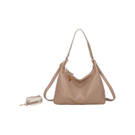 Sac porté épaule taupe uni avec bandoulière amovible et logo de la marque