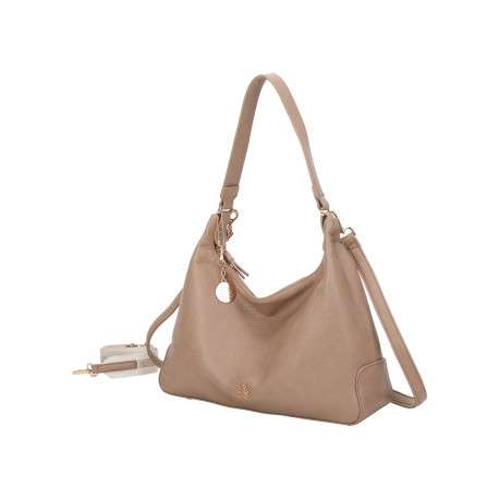 Sac porté épaule taupe uni avec bandoulière amovible et logo de la marque - Image 2