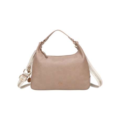 Sac porté épaule taupe uni avec bandoulière amovible et logo de la marque - Image 3