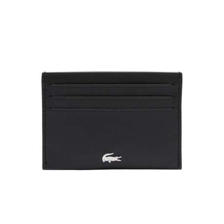 Porte-cartes en cuir de vachette noir uni avec un logo argenté à l'avant