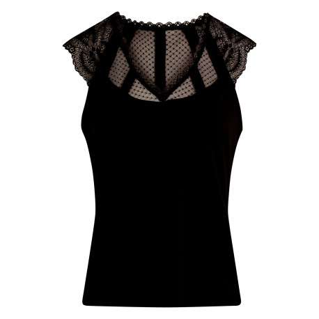 T-shirt noir uni avec une coupe ajustée et un col v en dentelle