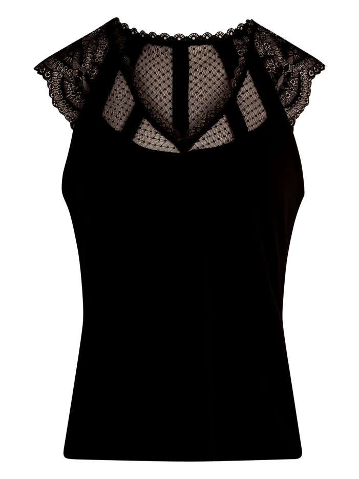T-shirt noir uni avec une coupe ajustée et un col v en dentelle