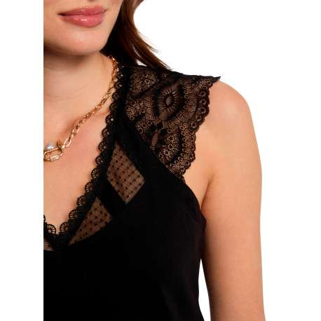 T-shirt noir uni avec une coupe ajustée et un col v en dentelle - Image 6