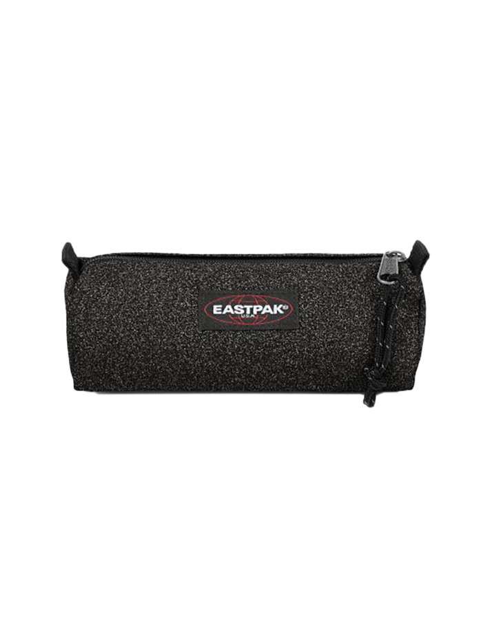 Trousse noire avec un imprimé pailleté et une étiquette cousue à l'avant