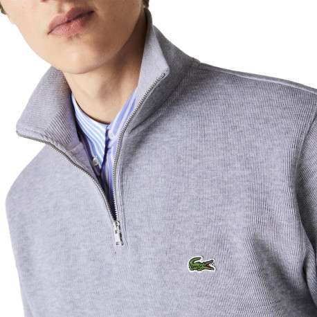 Sweat zippé gris chiné en coton mélangé à col montant avec logo brodé sur la poitrine - Image 4