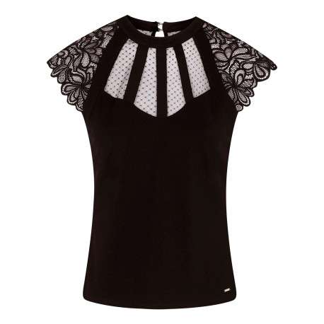 Top noir uni à buste transparent avec des manches en dentelle et un col rond