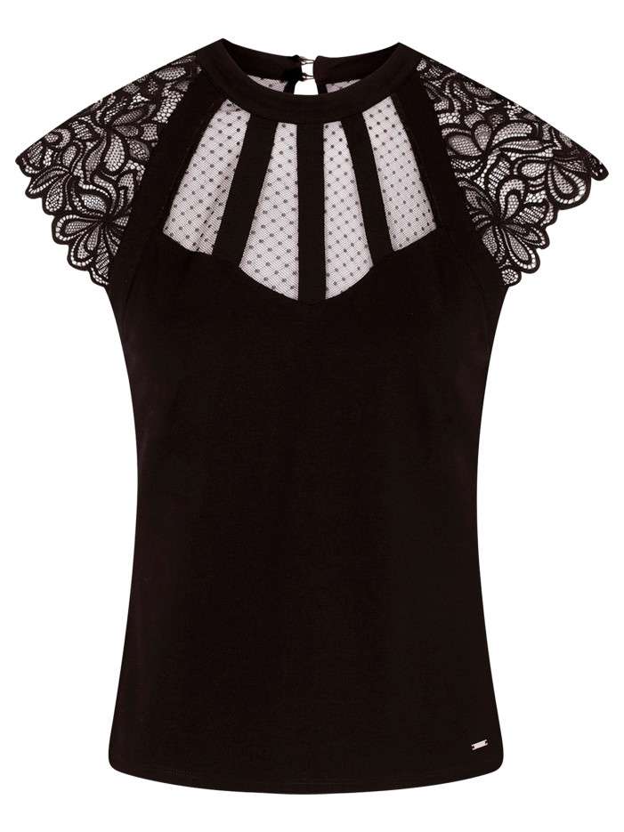 Top noir uni à buste transparent avec des manches en dentelle et un col rond