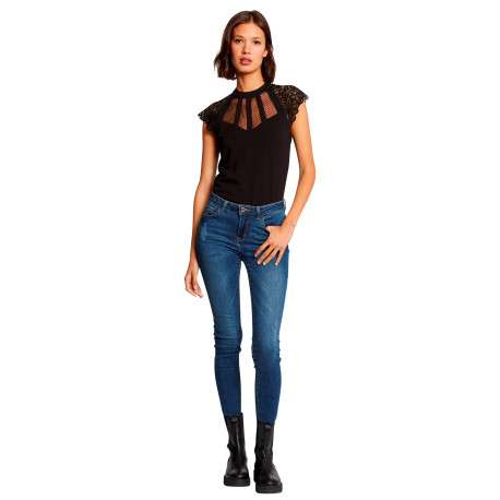 Top noir uni à buste transparent avec des manches en dentelle et un col rond - Image 3